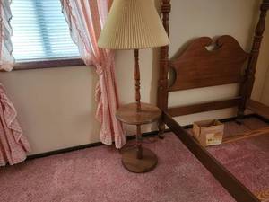lot 32 image: Vintage Wooden Floor Lamp with Pleated Shade
