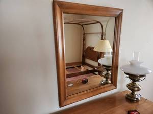 lot 33 image: Vintage Wooden Framed Wall Mirror with Attached Brass Oil Lamp