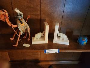 lot 42 image: Vintage Camel Figurine and Elephant Bookends with Globe Paperweight