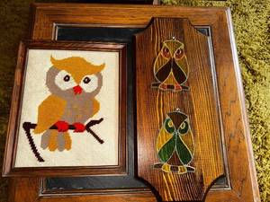 lot 49 image: Vintage Owl-Themed Embroidery and Stained Glass Wall Art