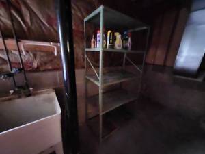 lot 60 image: Industrial Metal Shelving Unit and Brown Filing Cabinet