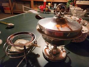 lot 65 image: Elegant Silver-Plated Chafing Dish with Stand and Lid