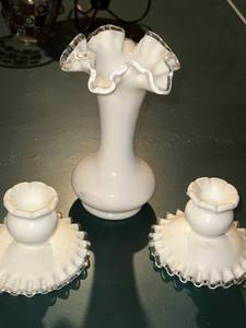 lot 66 image: Set of 3 Vintage White Milk Glass Vases with Ruffled Edge