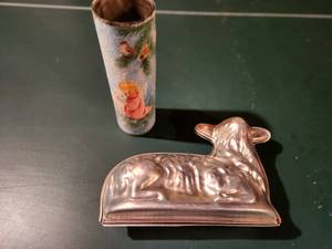lot 89 image: Vintage Aluminum Lamb Cake Mold and Decorative Candle