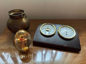 lot 105 image: Brass Vase, Barometer Thermometer Set, and Decorative Floral Globe