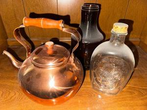 lot 108 image: Set of 3 Vintage Copper Teapot and Glass Bottles