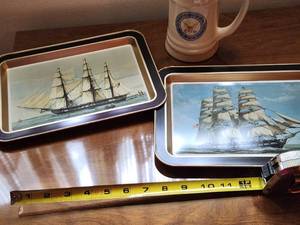 lot 109 image: Set of 2 Nautical Ship Art Trays and US Navy Ceramic Mug