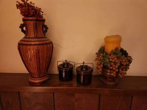 lot 114 image: Set of 3 Decorative Items with Basket Vase, Candle Holder, and Jars