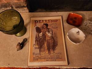 lot 118 image: Antique Pears Soap Ad, Vintage Green Glass, and Decorative Dishes