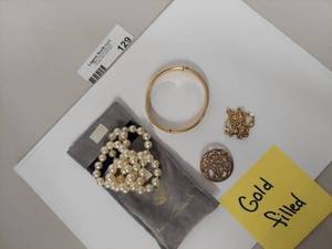 lot 129 image: Gold-Filled Bracelet Set with Knotted Faux Pearl Necklace and Brooch