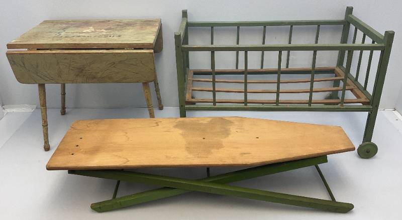 lot 1 image: Antique Kids Doll Crib, Ironing Board & Small Drop Leaf Table