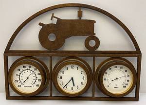 lot 12 image: Large Tractor Adorned Metal Wall Hanging Weather Station With Clock 20 x 28 12