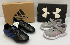 lot 243 image: Brand New Under Armor Size 7K kids Tennis Shoes & Adidas Goletto VII Cleats Size 11K Kids (Both New In Box)