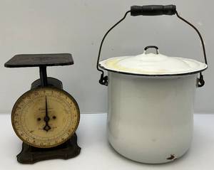 lot 245 image: Vintage Enamaled Diaper Pail (With Paper Label) & Columbia Scale