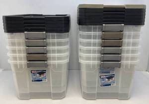 lot 249 image: 11 Sterilite Storage vTotes With Lids (One Handle Missing)