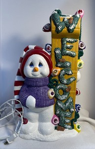 lot 3 image: Large Light Up Ceramic Crafts Snowman Welcome Sign