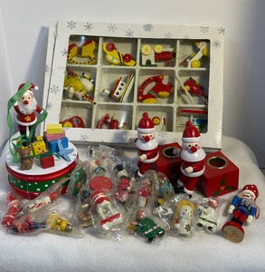 lot 25 image: Vintage Wood Christmas Ornament Lot with Music Box and Candleholders