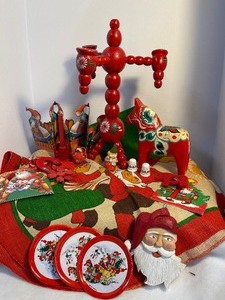 lot 27 image: Vintage Burlap Gnome Christmas Tree Skirt Scandi Candleabra Scandinavian Items