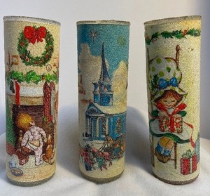 lot 44 image: Vintage Sugar Frosted Sugar Bead Pillar Candles Lot of 3