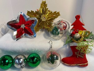 lot 47 image: 1950s Plastic Filled Ornaments (3) and 1960s Red and Silver Foil Star Tree Topper