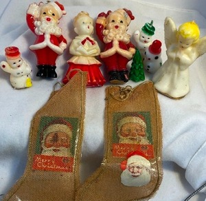 lot 64 image: Vintage Gurley Candle Lot and Set of Antique Mesh Net Possibly German Novelty Stockings