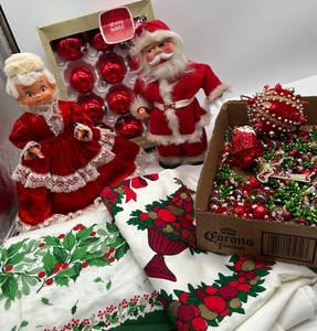 lot 34 image: Santa and Mrs. Claus Vintage Homemade Dish Soap Bottle Crafts and Tablecloths