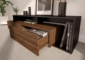 lot 22 image: Black and Walnut 72 in. TV stand with drawers for TVs up to 80 inches