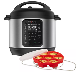 lot 120 image: Instant Pot 6qt 9-in-1 Pressure Cooker Bundle Exclusive Bonus Silicone Pan with Lid, Rice & Multi Cooker