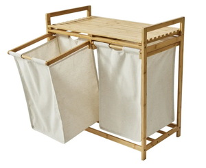 lot 128 image: Better Homes & Gardens 35L 2-Bin Adult Rectangular Bamboo Laundry Hamper Sorter with Removable Linen Liner