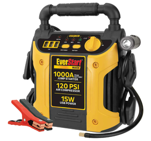 lot 222 image: EverStart Maxx 1000 Peak Amp Jump Starter with 120 PSI Compressor, Pivoting LED Light, 3X USB Ports