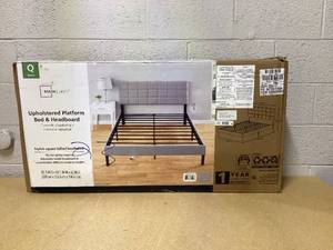 lot 420 image: Mainstays Upholstered Platform Bed, No Box Spring Needed, Gray, Queen