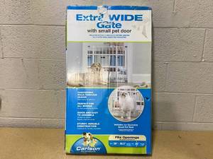 lot 436 image: Carlson Extra Wide Walk-Through Pet Gate with Small Pet Door, Fits Openings 29-38.5 Wide, Metal
