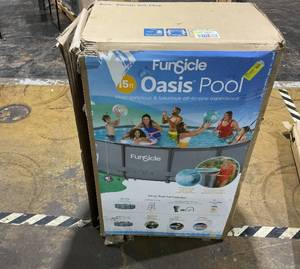 lot 232 image: Funsicle 15ft Oasis Round Above Ground Metal Frame Swimming Pool, Includes SkimmerPlus Pump, Age 6 & up