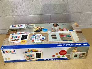 lot 469 image: Battat Two n One Wooden Kitchen Caf with Dishes and Chalkboard, Toddler and Preschool Toys
