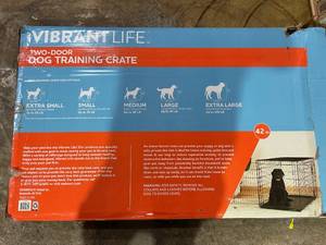 lot 274 image: Vibrant Life Double Door Metal Wire 42 Dog Crate, Leak-Proof Pan & Divider for Dogs Up to 90 lbs