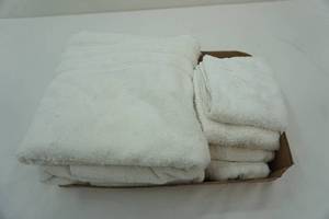 lot 30 image: 2 White Bath Towels and Hand Towels some wear and tear