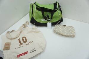 lot 50 image: Adidas Duffle Bag, Makeup Bag, Clarins Marys Meals Cloth Tote (NEW)