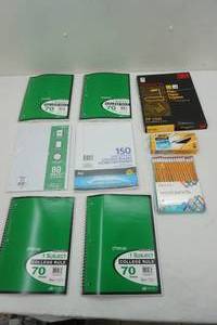 lot 82 image: NEW Office Supply Lot transparency papers, notebooks, graph paper, pens, pencils