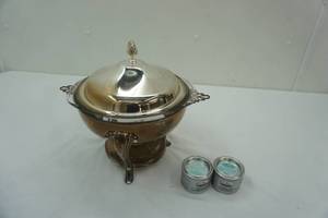 lot 100 image: Silver Plated Serving Tray, Pyrex glass dish and Sterno fluid
