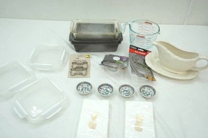 lot 122 image: Sandwich Containers, Bread Pans, Pyrex Measuring Cup, Ceramic Gravy Boat, Pineapple Napkins, Mesh Strainers, Chinese dishes