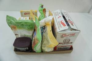 lot 125 image: Dry Goods Gluten Free Flour, Honey Cornbread, Hersheys Cocoa, Powdered Sugar