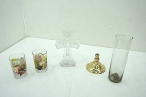 lot 171 image: Crystal Cross 10 tall, vase, Shrek Glasses, Brass Base