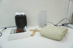 lot 276 image: Heater, Sun Lamp, Glass Photo Frame, Cross, Panel Curtain