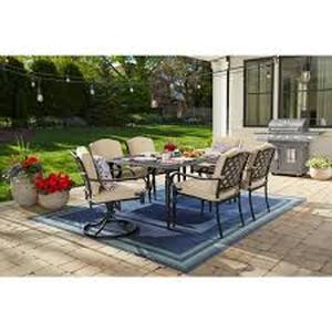 lot 14 image: Hampton Bay Laurel Oaks 7-Piece Dark Brown Steel Outdoor Patio Dining Set with CushionGuard Putty Cushions    Customer Returns see Pictures