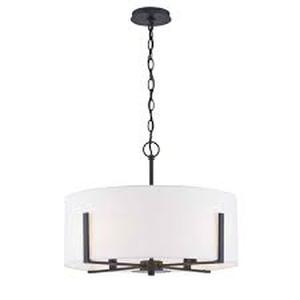 lot 44 image: Home Decorators Collection Manhattan 4-Light Matte Black Pendant with White Drum Shade  Customer Returns see Pictures