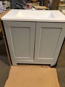 lot 63 image: 31 in. Single Sink Pearl Gray Bath Vanity with White Cultured Marble Top (Assembled)   Customer Returns see Pictures