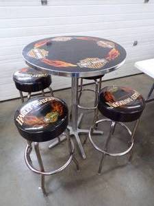 lot 1 image: Harley Davison Bar Table and 4 Stools