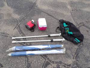 lot 67 image: Boat Umbrella holders with Umbrellas, Cooler, Jug, Cabelas Bag