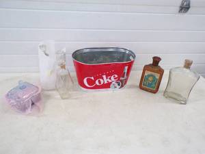 lot 109 image: Man Cave Items, Coke Tin and Decanters