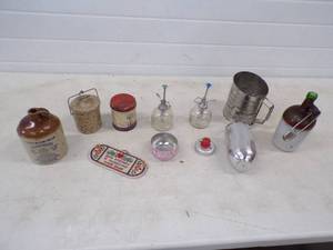 lot 114 image: Vintage Donut making supplies, vintage Crock and tins